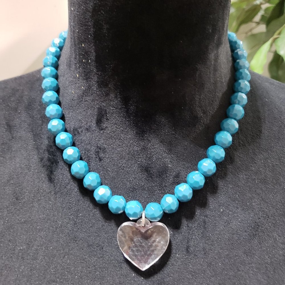 Women's Fashion Blue Turquoise Stone Beaded Big Heart Pendant Necklace